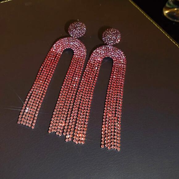 Ombre Maroon Red Rhinestone Dangle Drop‎ Earrings Holiday Jewelry - Picture 3 of 4